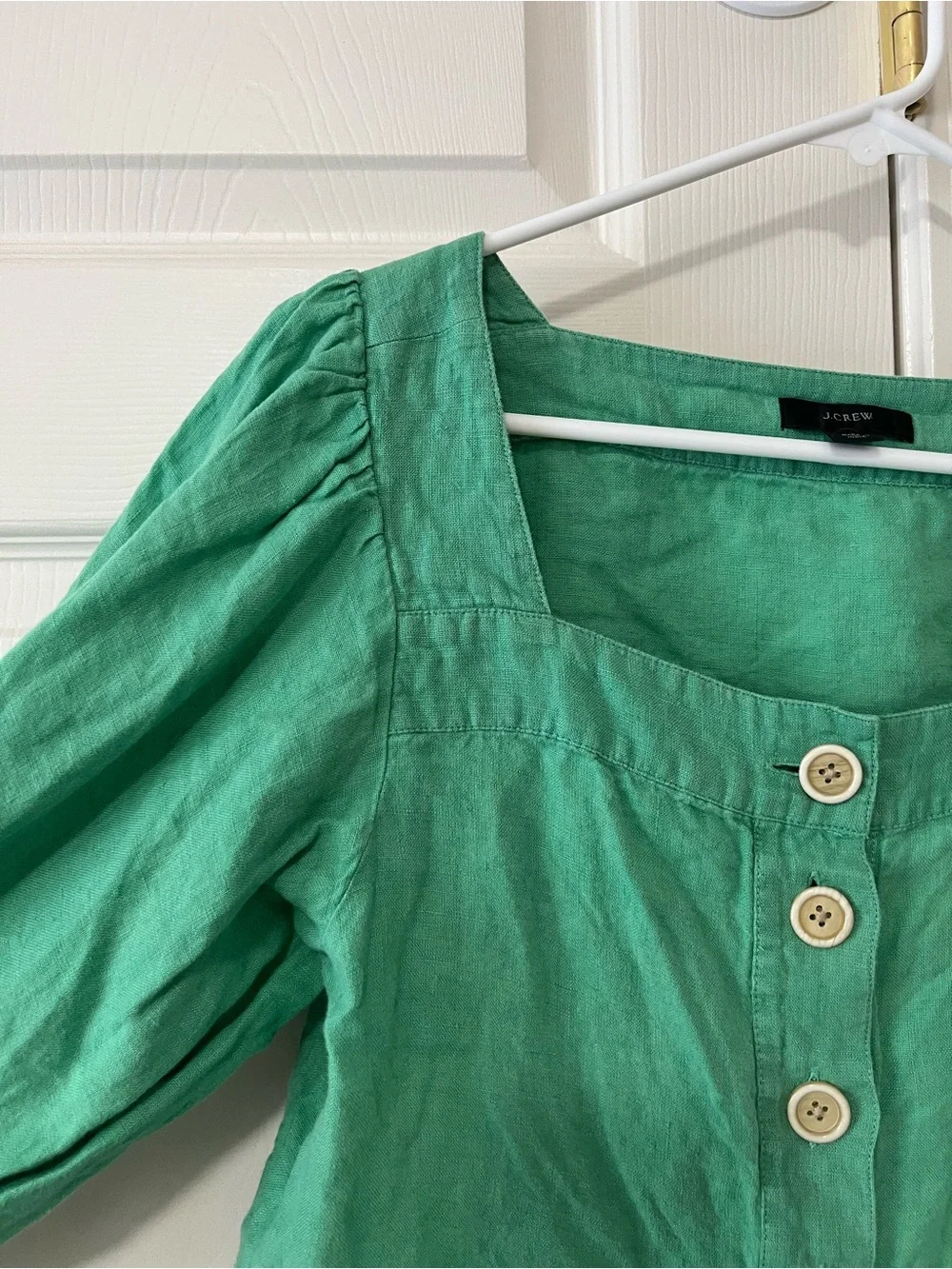 J.Crew Green 100% Linen Button Front Puff Sleeve Blouse Top Small BG249